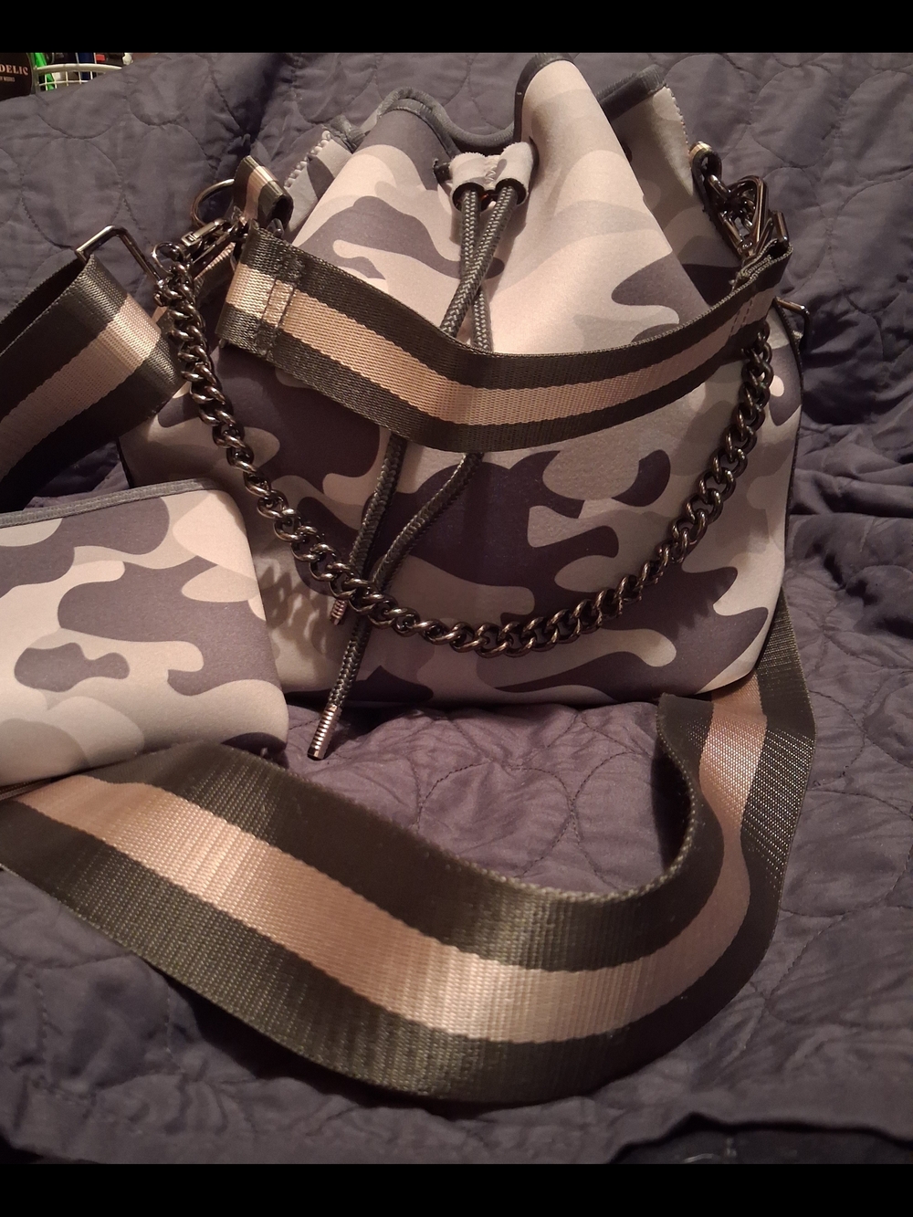 HAUTE SHORE Gray Camo Drawstring Bucket Bag with Matching Pouch